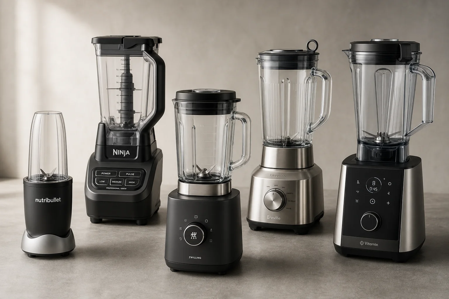 Five kitchen blenders arranged on concrete surface from compact to premium models