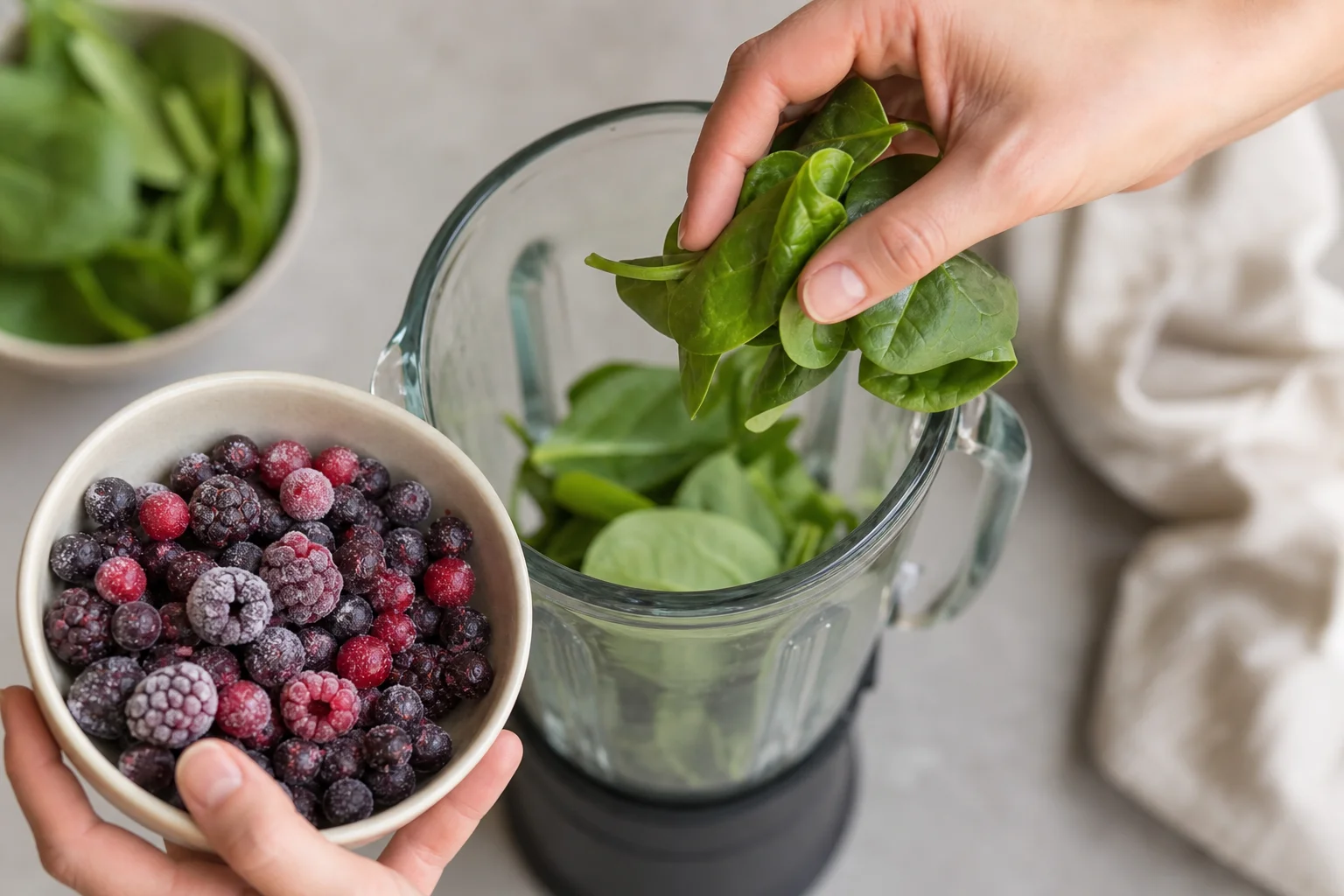 Hands adding fresh greens and frozen fruit to a blender carafe