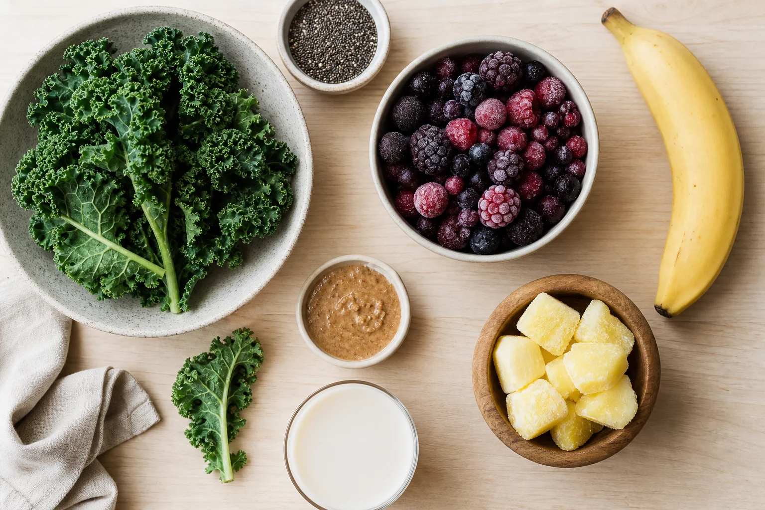 Frozen smoothie ingredients arranged on a kitchen counter