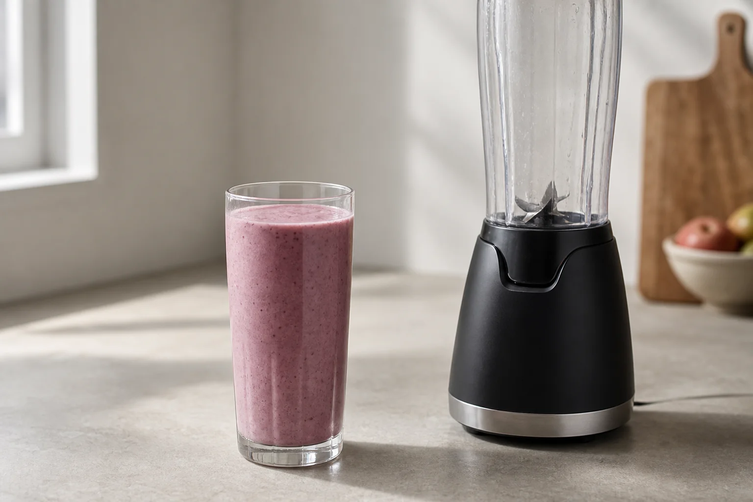 Finished smoothie in a glass next to a blender on kitchen counter