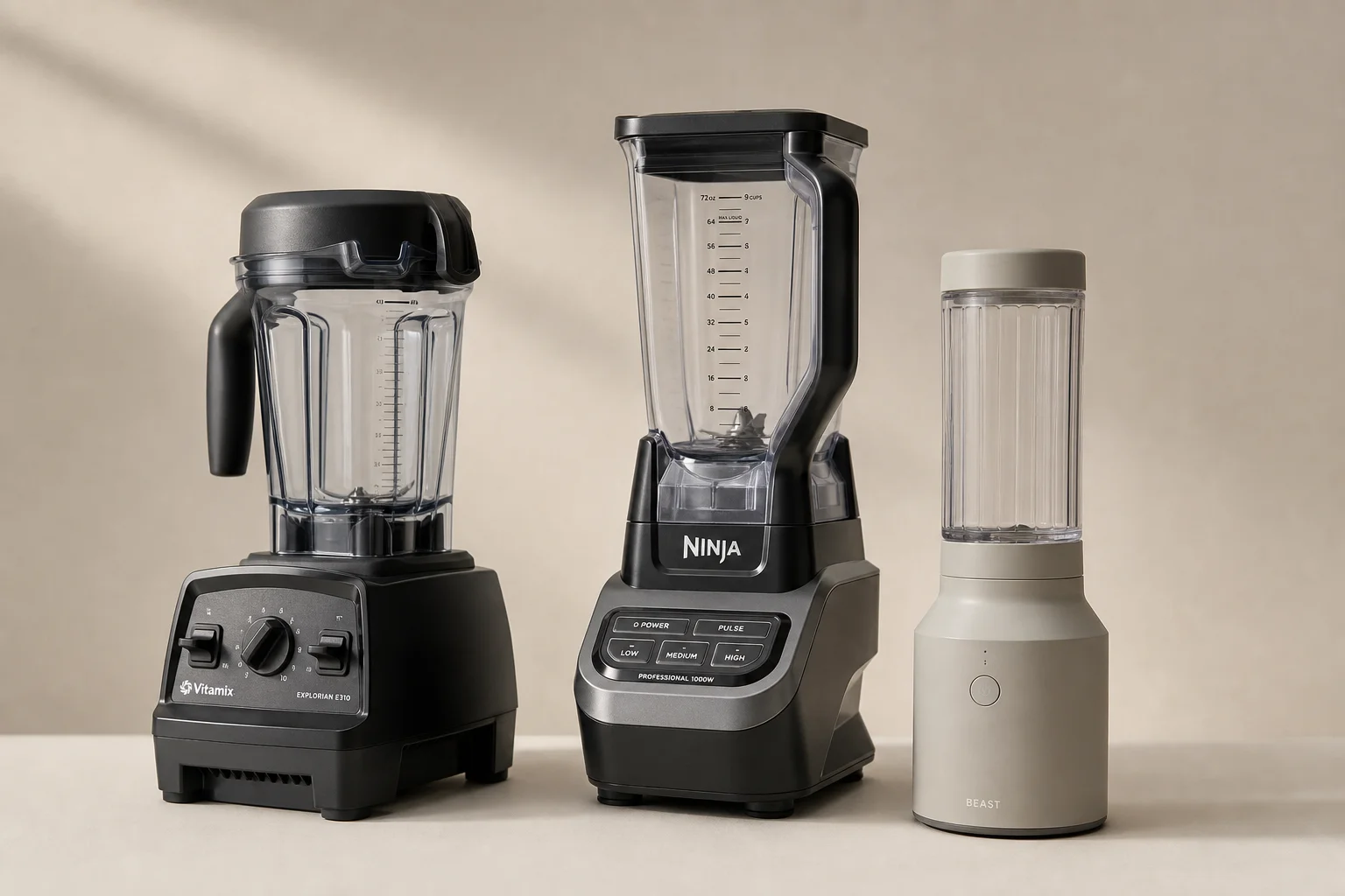Vitamix Explorian E310, Ninja Professional Blender, and Beast Blender arranged on neutral backdrop