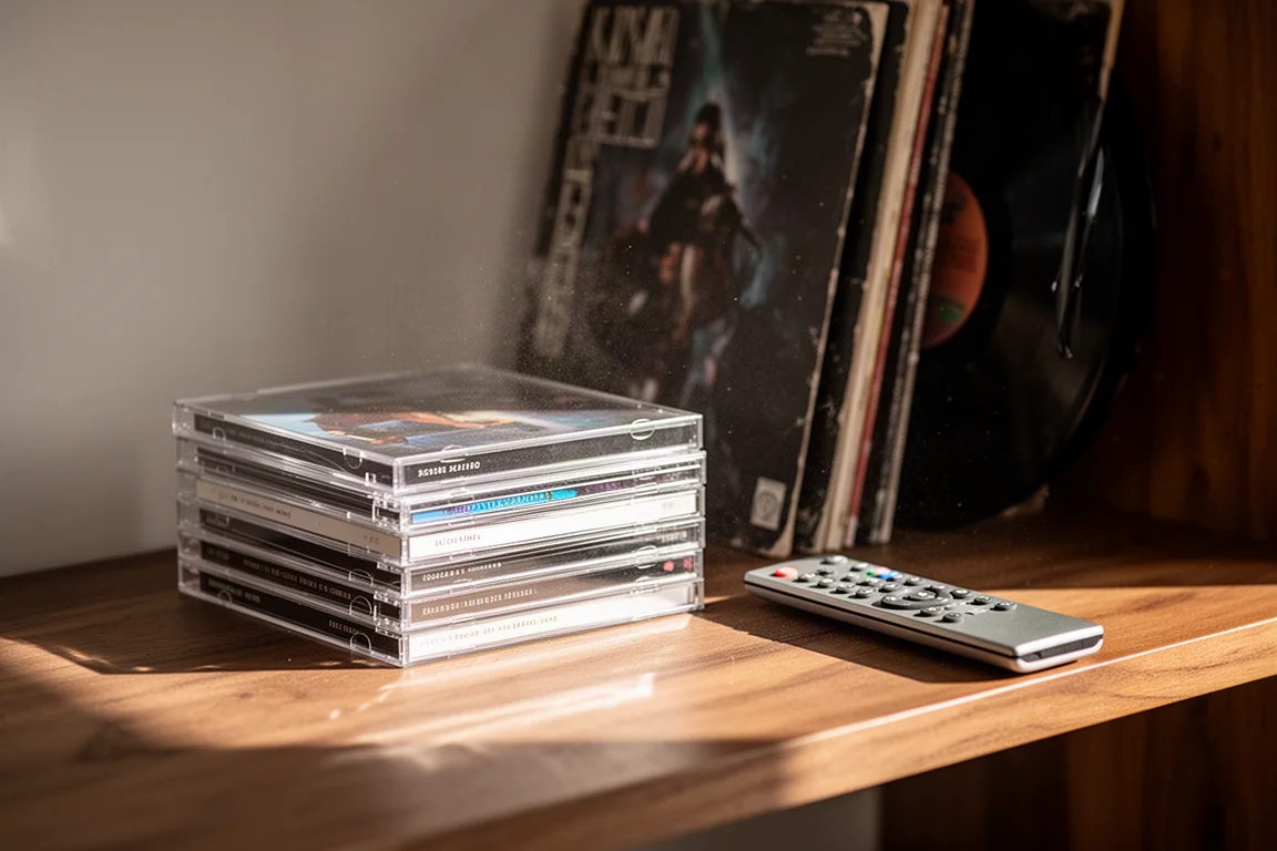 Pila di custodie di CD e dischi in vinile su uno scaffale di legno in luce calda