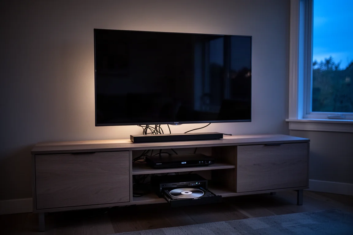 Soggiorno in penombra con televisore e mobile multimediale al crepuscolo