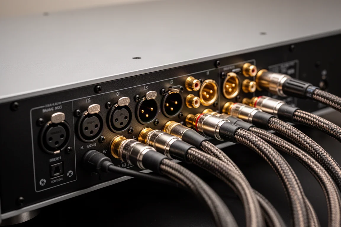 Primo piano di connettori XLR bilanciati e RCA con cavi su un componente audio
