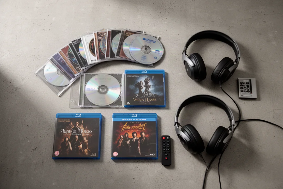 Vista dall'alto di CD, custodie Blu-ray e cuffie su cemento