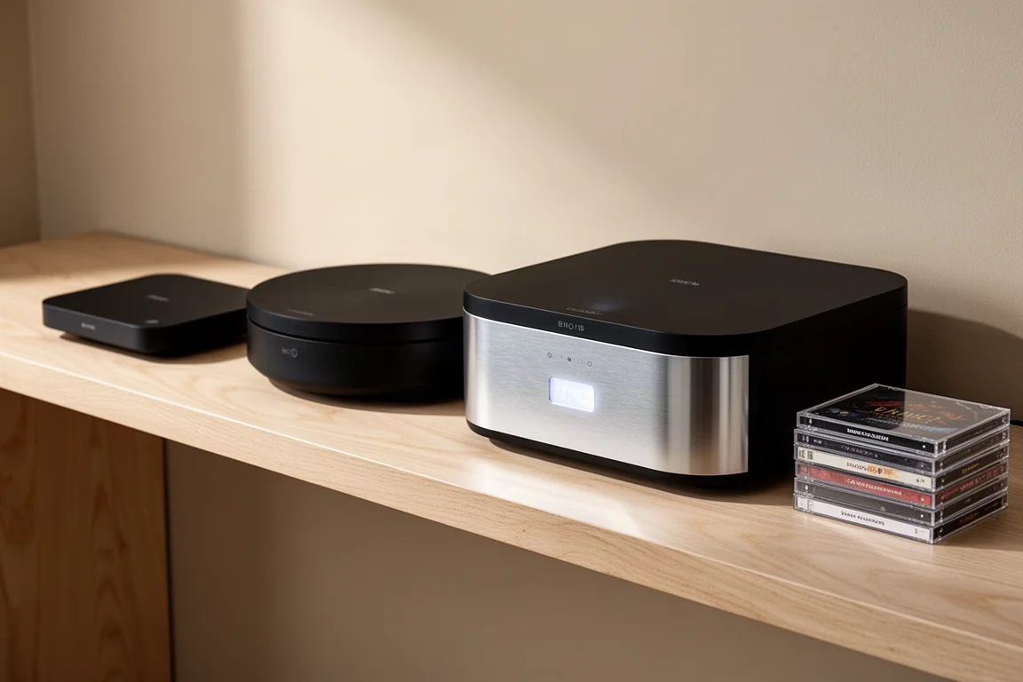 Three matte black disc players of increasing size on an oak shelf with CD cases