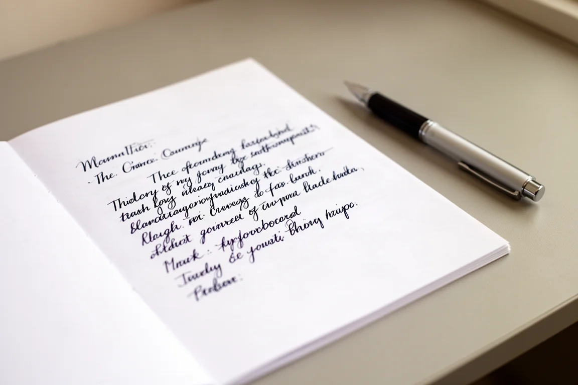 白い紙にブルーブラックのインクで書かれた手書きメモと、その横に置かれたペン