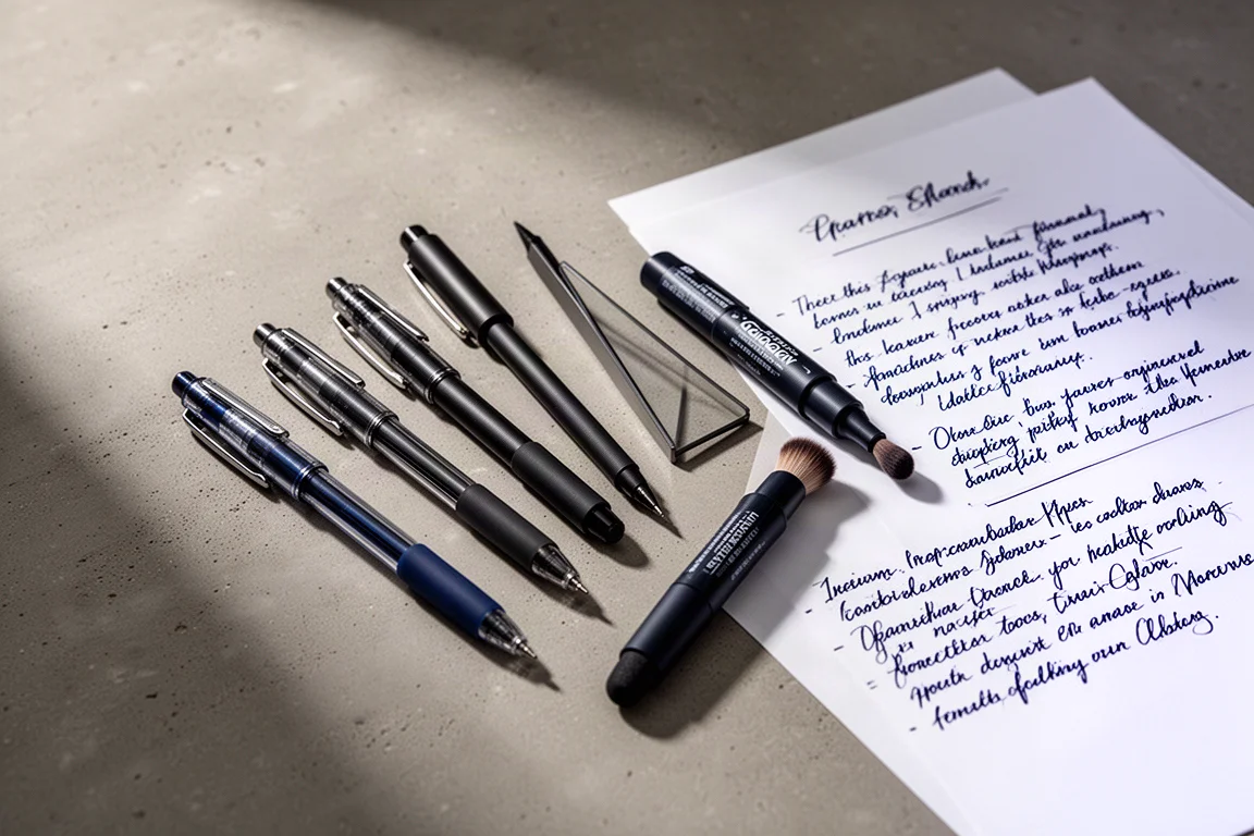 Collection of blue black pens and markers arranged on a concrete surface beside handwritten notes