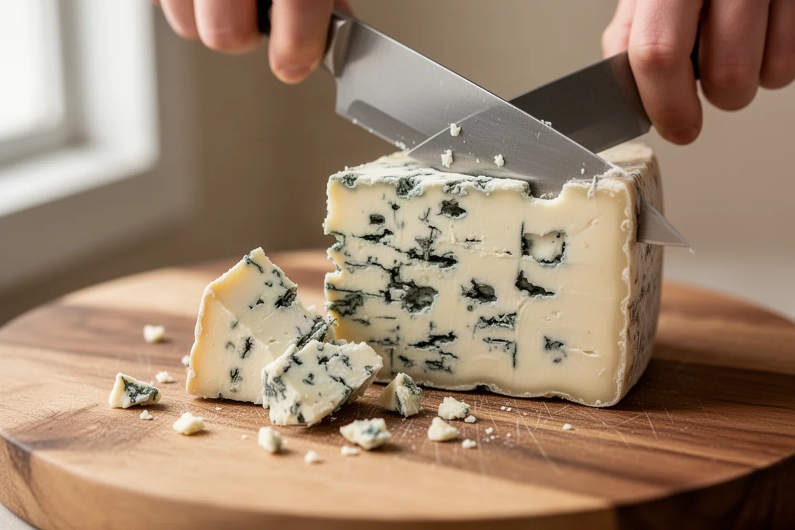 Ein Keil Blauschimmelkäse mit dichter blauer Adern auf einem Holzbrett