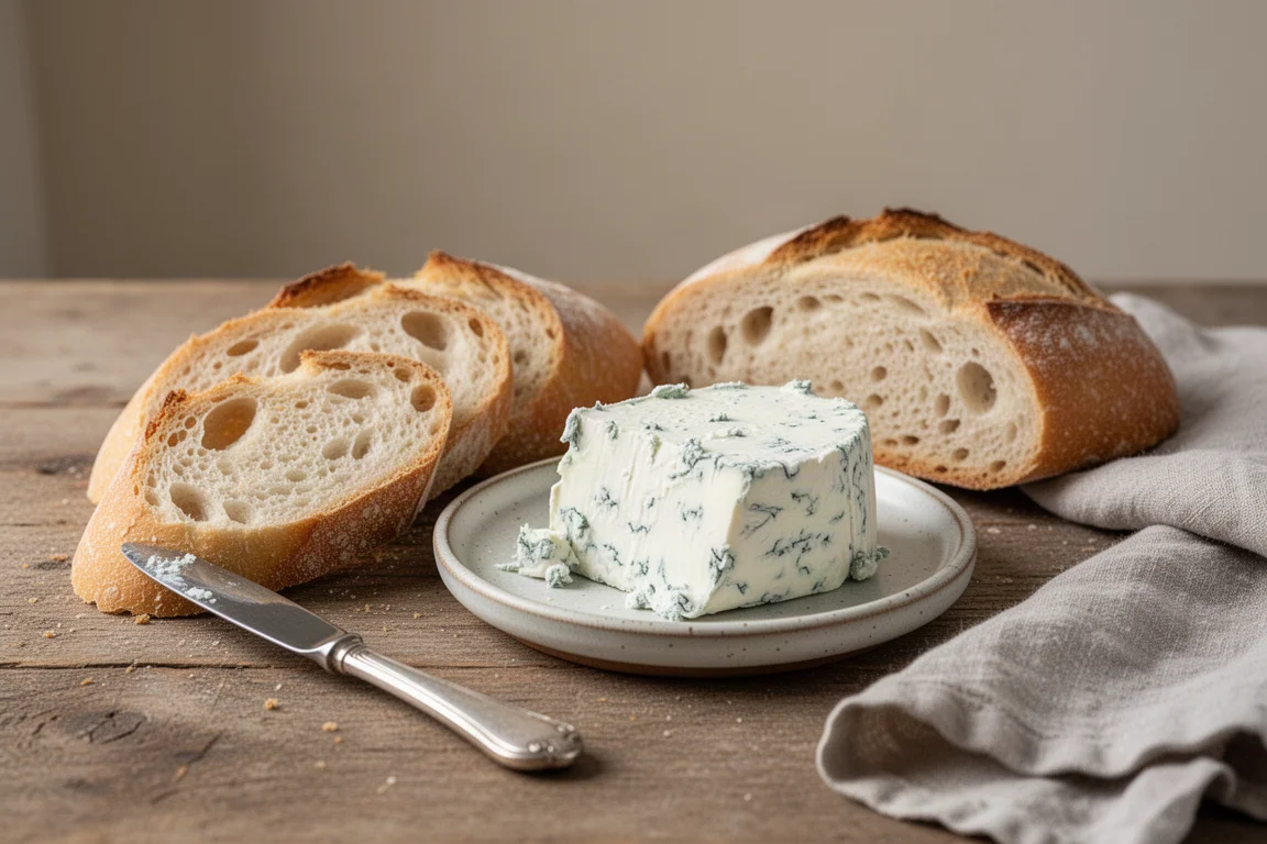 Baguettescheiben mit weichem Blauschimmelkäse auf einem rustikalen Tisch