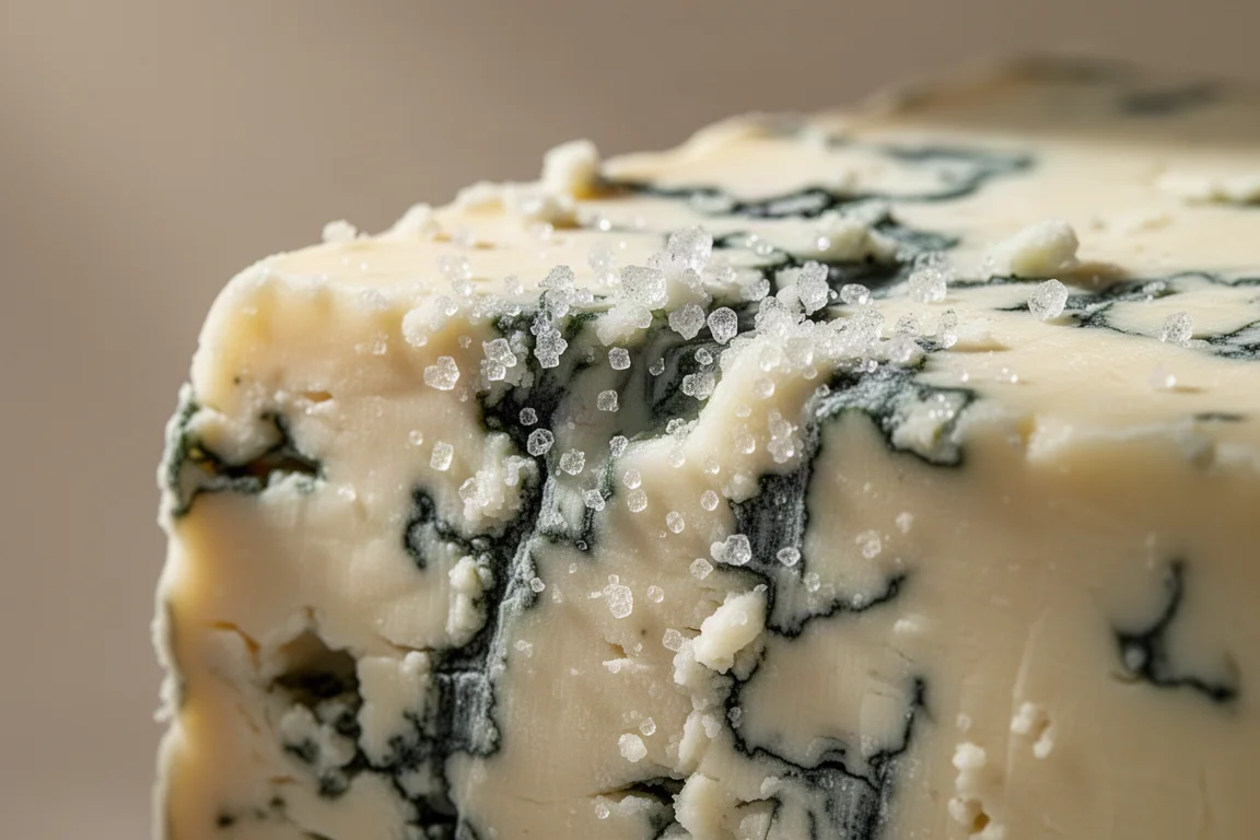 Krümelige Textur eines Blauschimmelkäses mit kleinen Kristallpunkten in Nahaufnahme