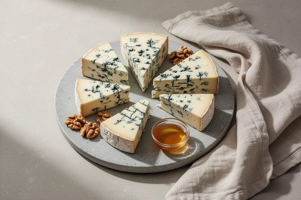Eine zusammengestellte Käseplatte mit mehreren Keilen Blauschimmelkäse und Beilagen