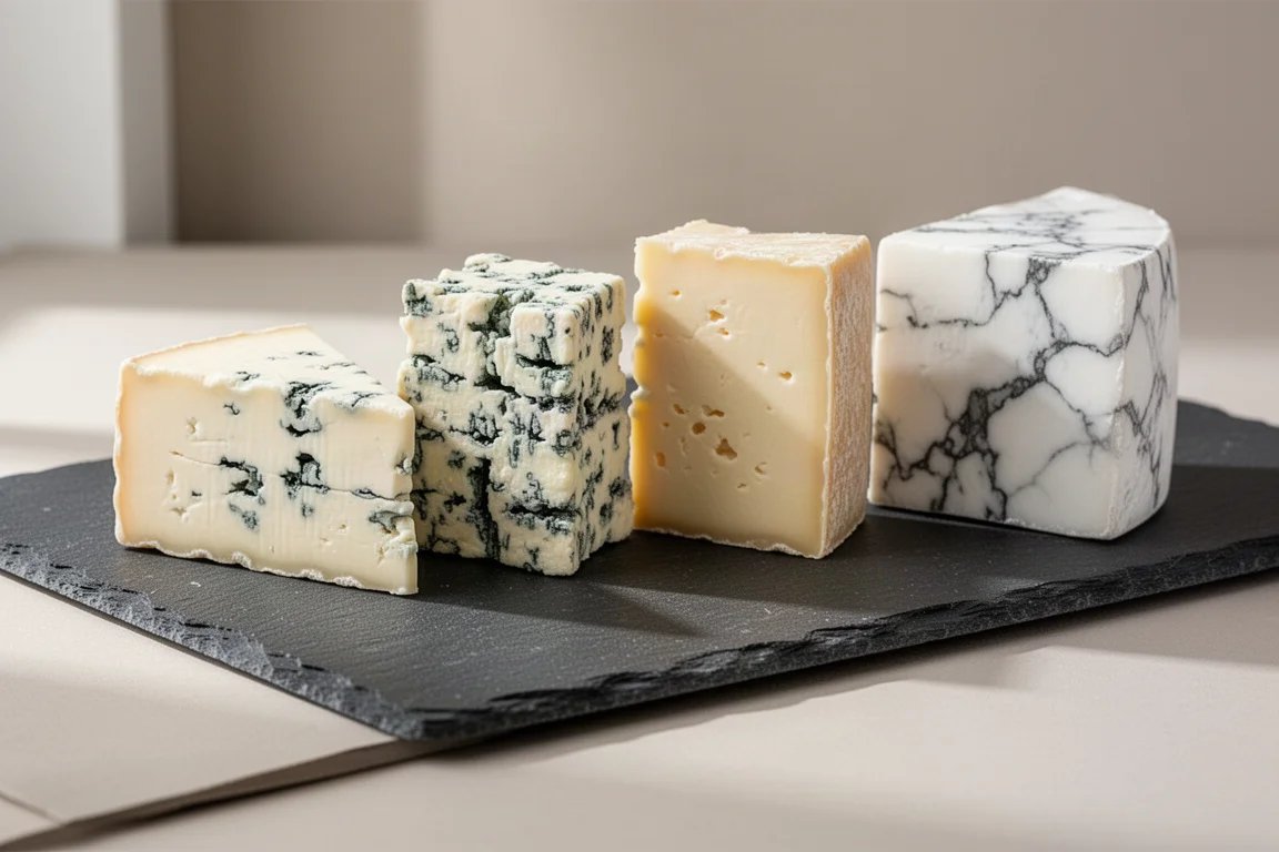 Four wedges of blue cheese with different textures on a slate board