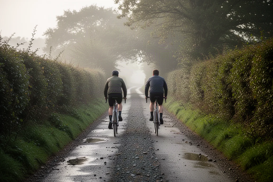 Deux cyclistes sur une petite route de campagne au revêtement mixte, haies, lumière douce du matin