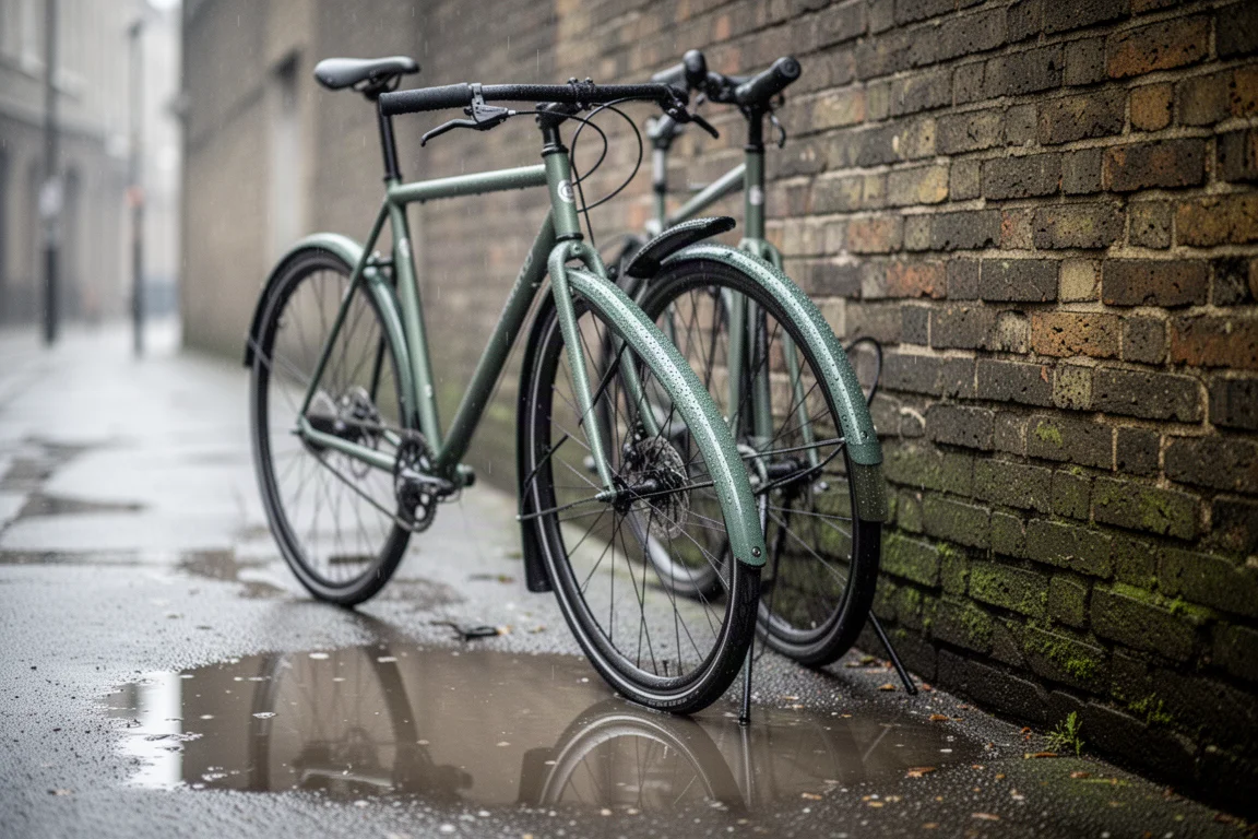 Vélo de trajet domicile-travail avec garde-boue sur une voie urbaine mouillée, lumière hivernale
