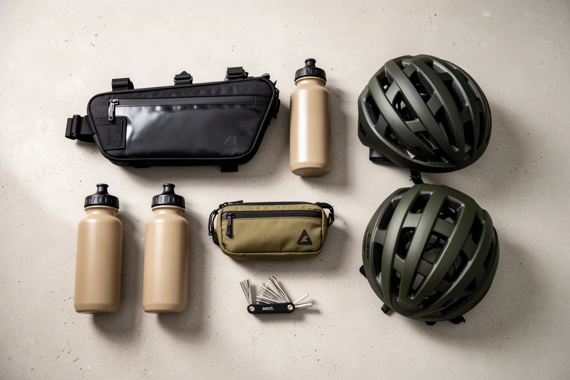 Vue à plat de sacoches de bikepacking, bidons et casque posés sur du béton
