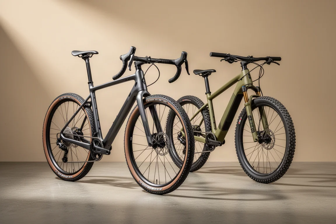 Kolfiber-gravelcykel och en adventurecykel med rakt styre och dämpad gaffel på betong