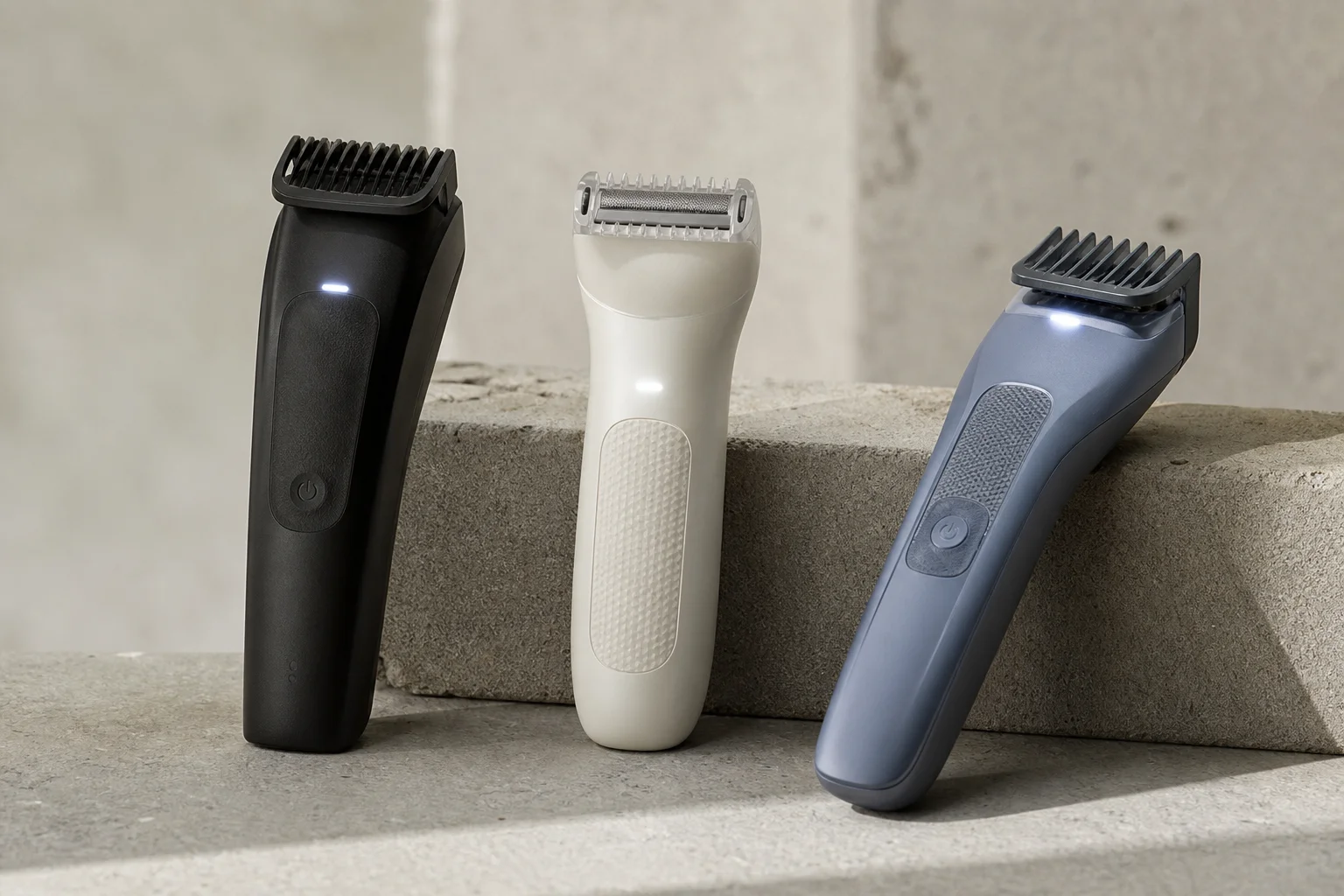 Drei kompakte Bodygroomer für den Intimbereich mit Schutzaufsätzen