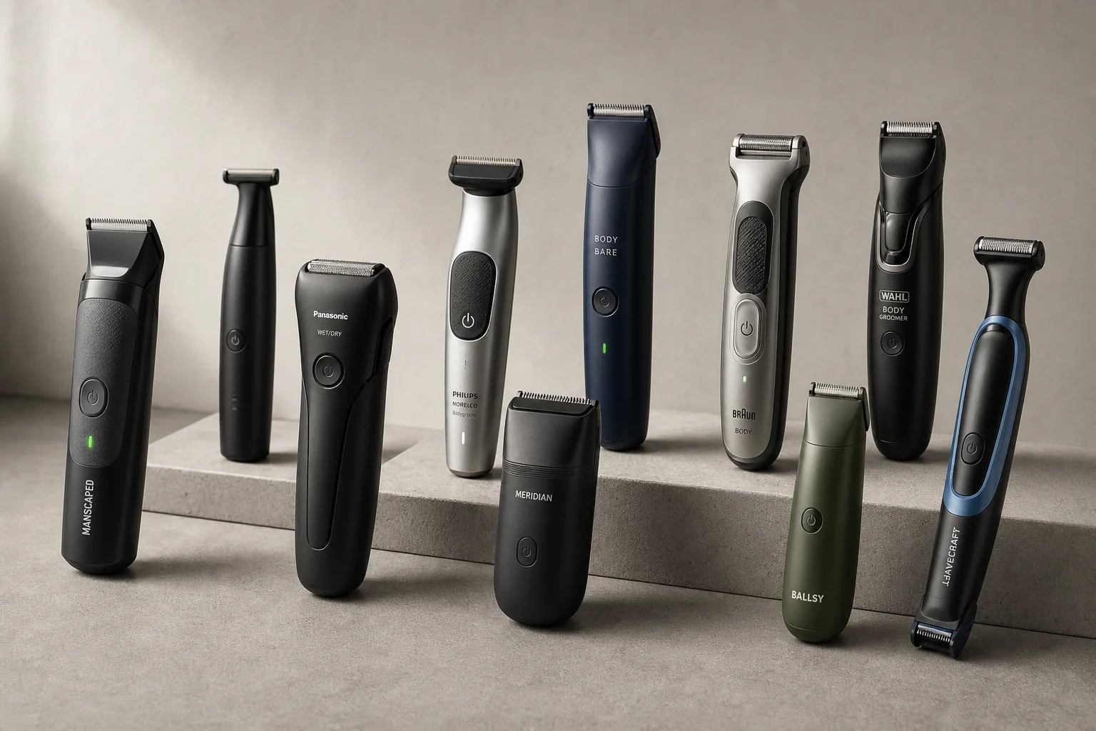 Collection of ten body grooming devices on concrete surface
