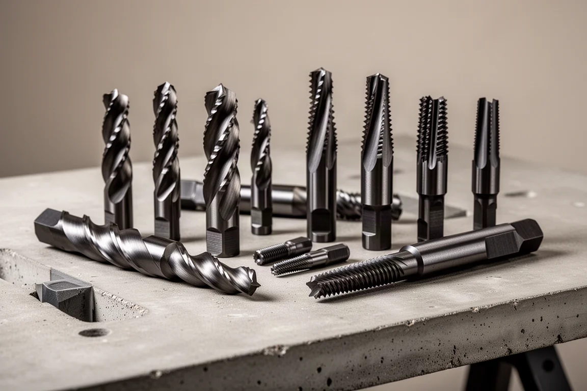 Assortment of spiral flute and multi-spline bolt extractor tools on a concrete workbench