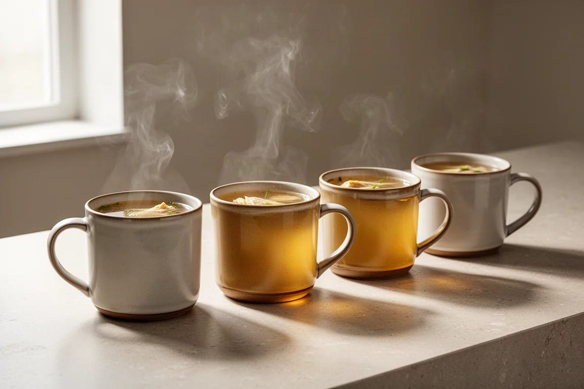 Four mugs of golden chicken broth steaming on a stone countertop