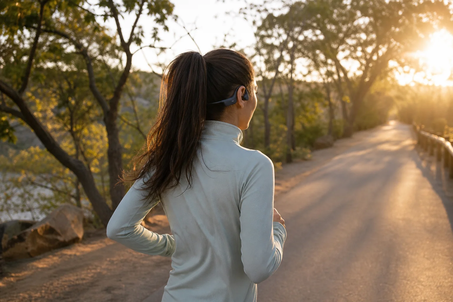 Runner wearing bone conduction headphones on tree-lined path at sunrise