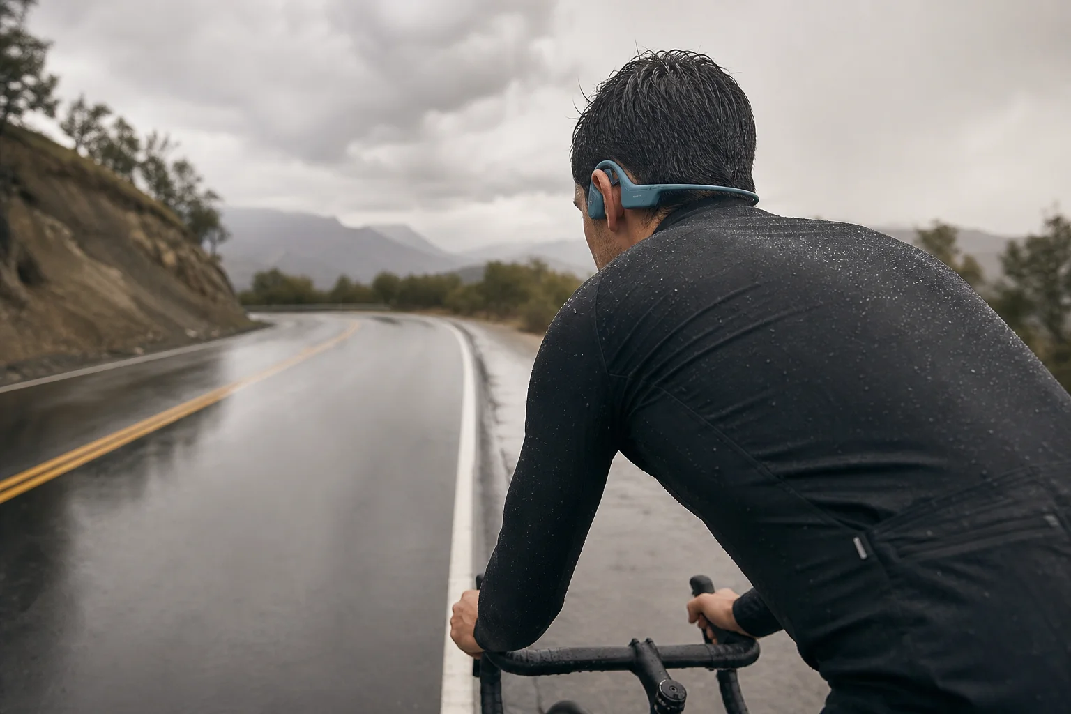 Cyclist riding on wet road wearing bone conduction headphones