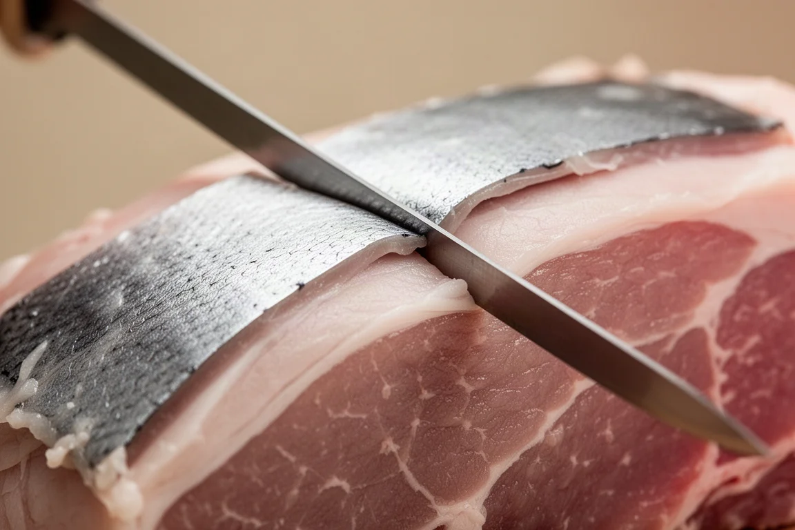 Närbild av en kniv som glider under silkes hinna på rått kött