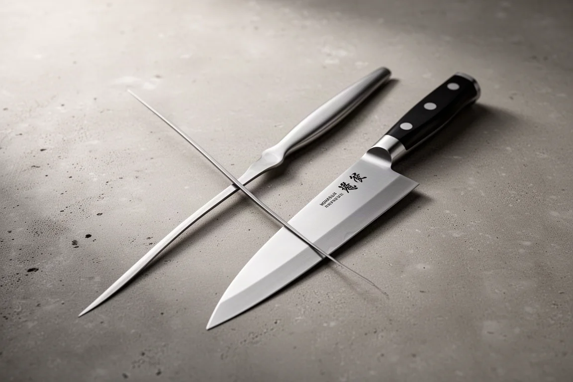 Two boning knives, one slender and flexible and one tall Japanese honesuki, on a concrete surface