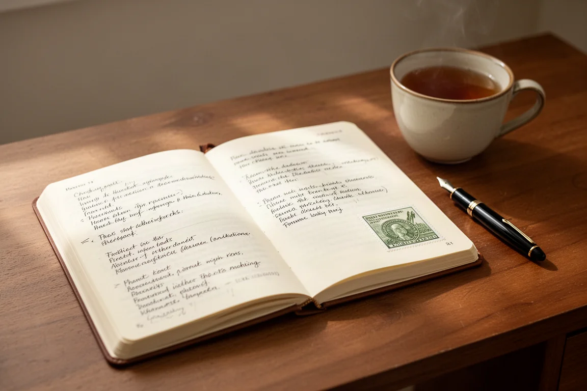 Open reading notebook with handwritten book reviews beside a cup of tea