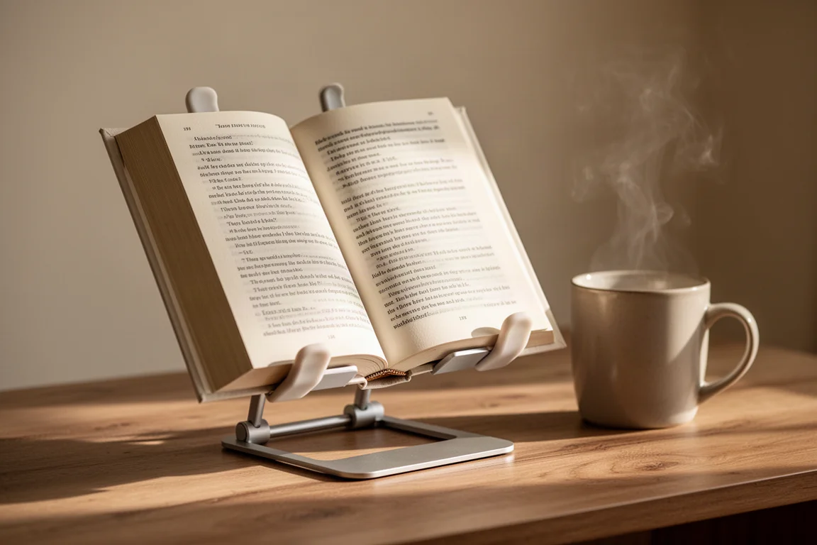 Flexible book stand holding an open book upright on a desk
