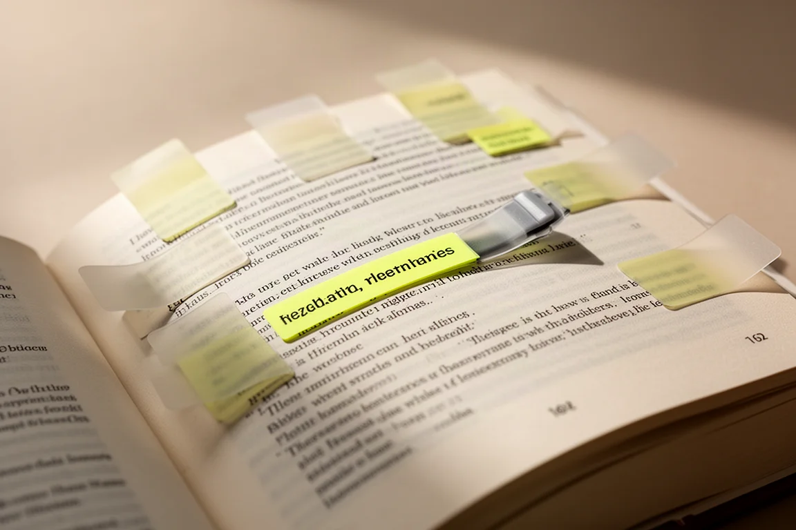 Translucent sticky notes marking passages in an open book