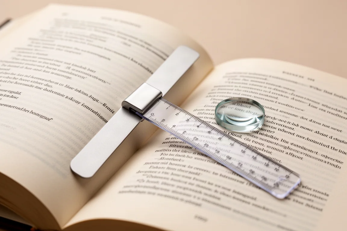 Small magnetic bookmark clipped on a page with a flexible bookmark ruler beside it