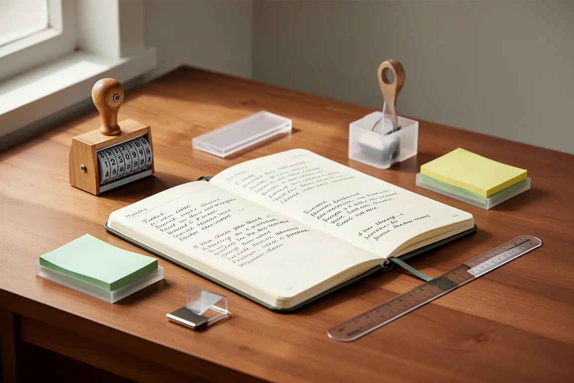 Reading notebook, date stamp, sticky notes, and bookmarks arranged on a wooden desk