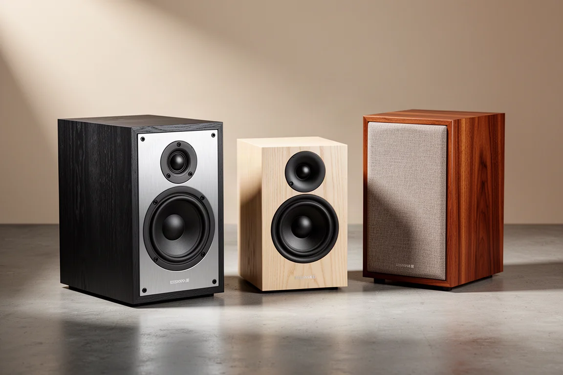 Three compact standmount hi-fi speakers arranged on a concrete surface