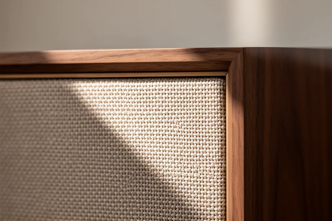 Primo piano di una griglia in tessuto intrecciato incorniciata dal bordo di un cabinet in noce