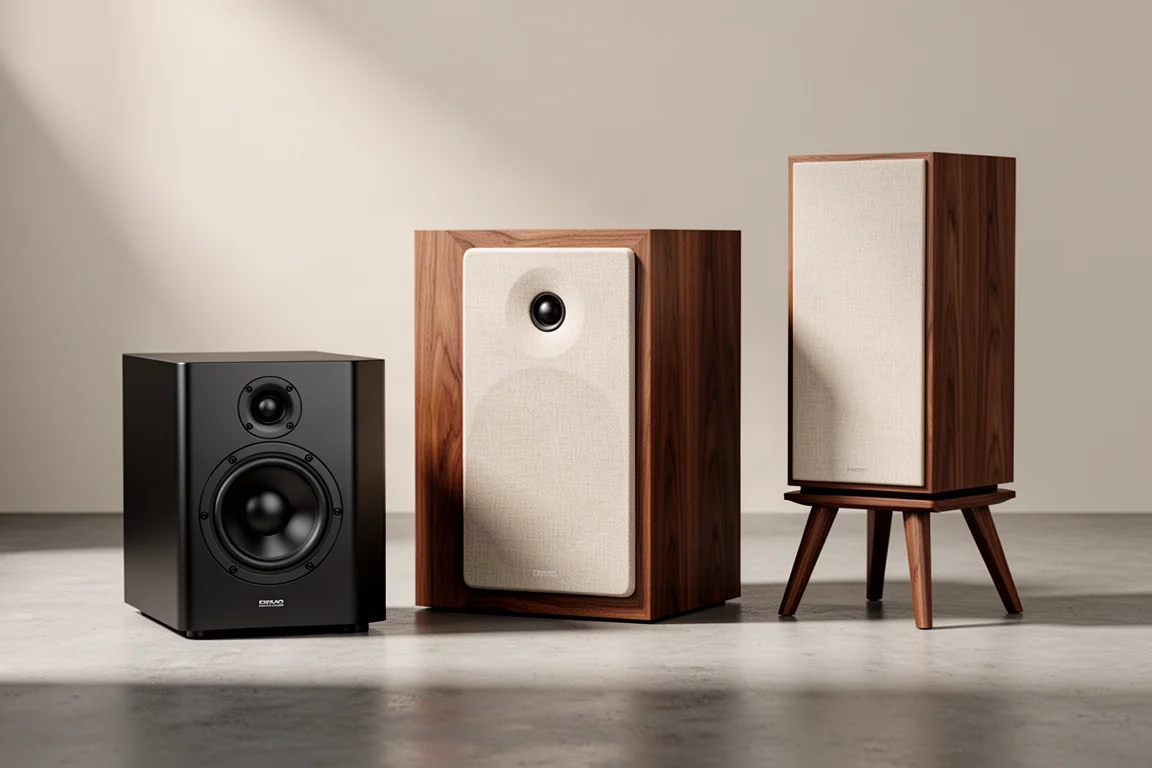 Three standmount speakers of different sizes arranged in a row on a concrete surface