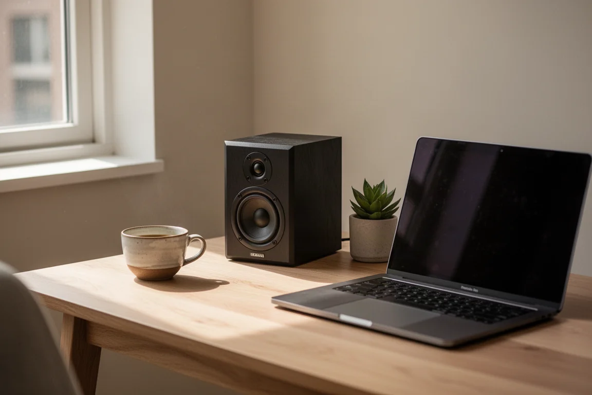 Enceinte compacte à côté d'un ordinateur portable sur un bureau dans une lumière douce