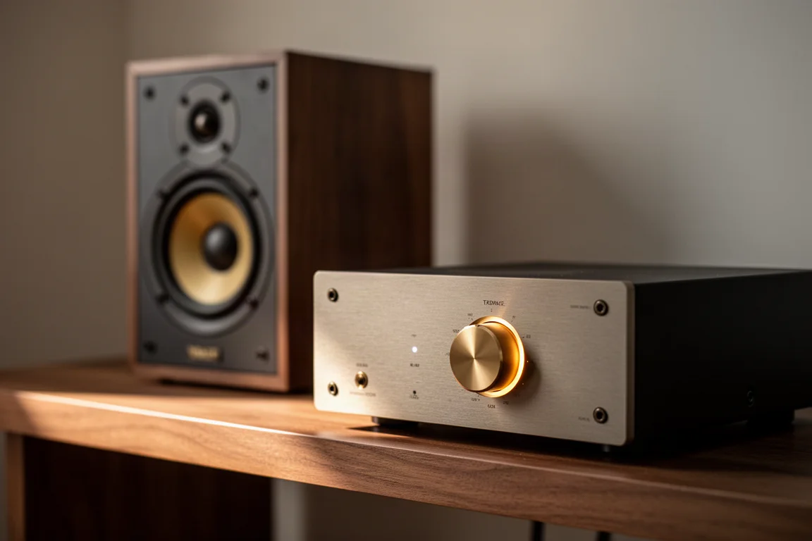 Gros plan sur un amplificateur intégré avec une enceinte floue en arrière-plan