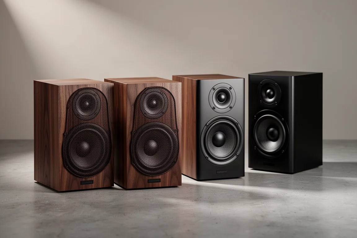 Four compact bookshelf speakers in wood veneer and black finishes on a concrete surface