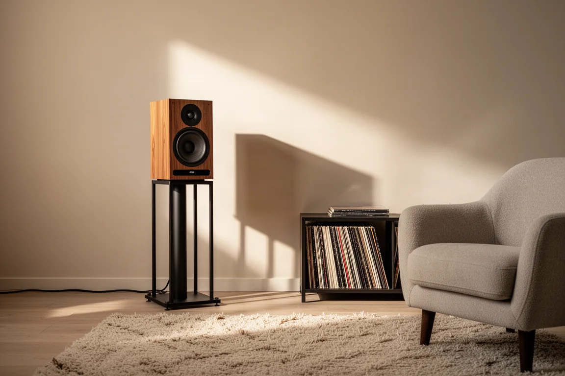 Caixa standmount sobre pedestal metálico em canto de sala com iluminação suave