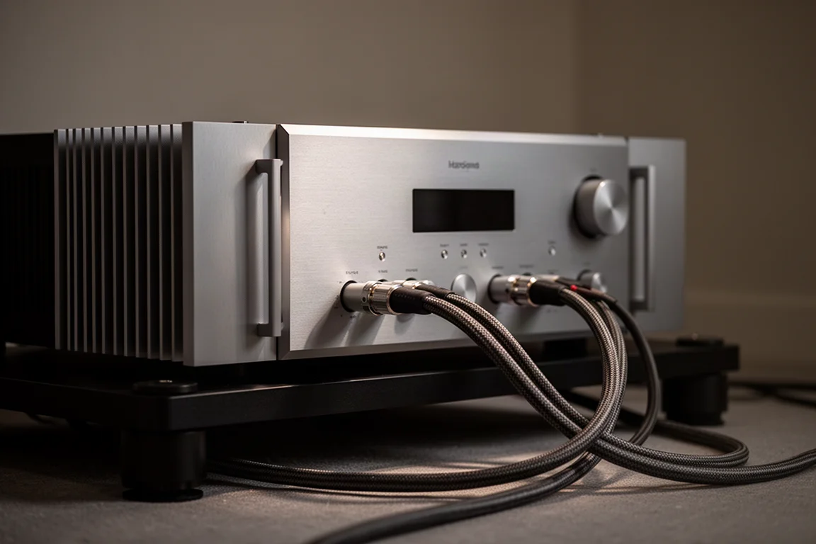 Amplificador integrado grande com dissipadores em rack hi-fi com luz fraca