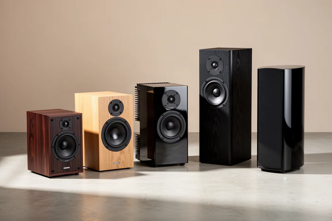Five compact hi-fi standmount speakers arranged in a row on a concrete floor