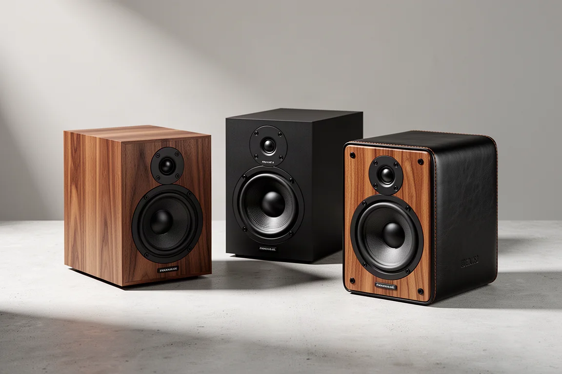 Six bookshelf speakers of different sizes arranged in a row on a concrete surface