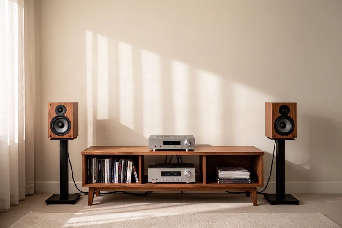 Two small bookshelf speakers on stands beside a wooden console in a bright living room