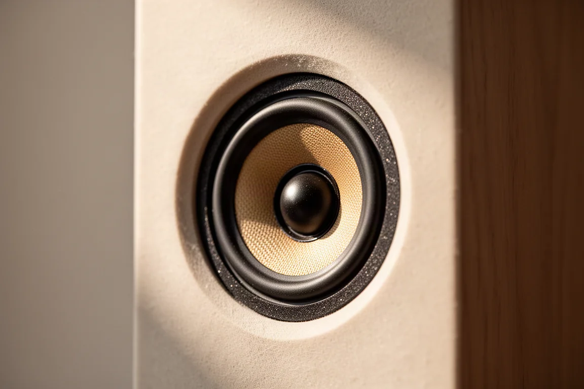 Close-up of a small speaker driver with a textured surround in soft directional light