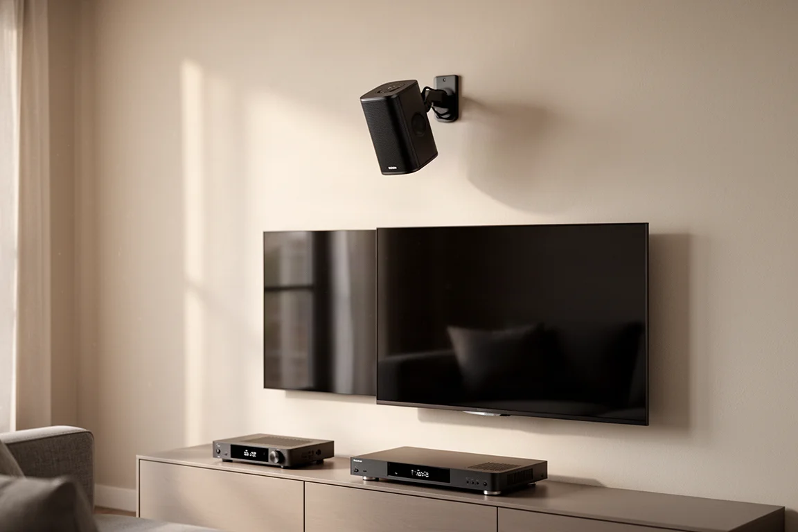Compact black speaker angled down from a wall bracket above a slim television