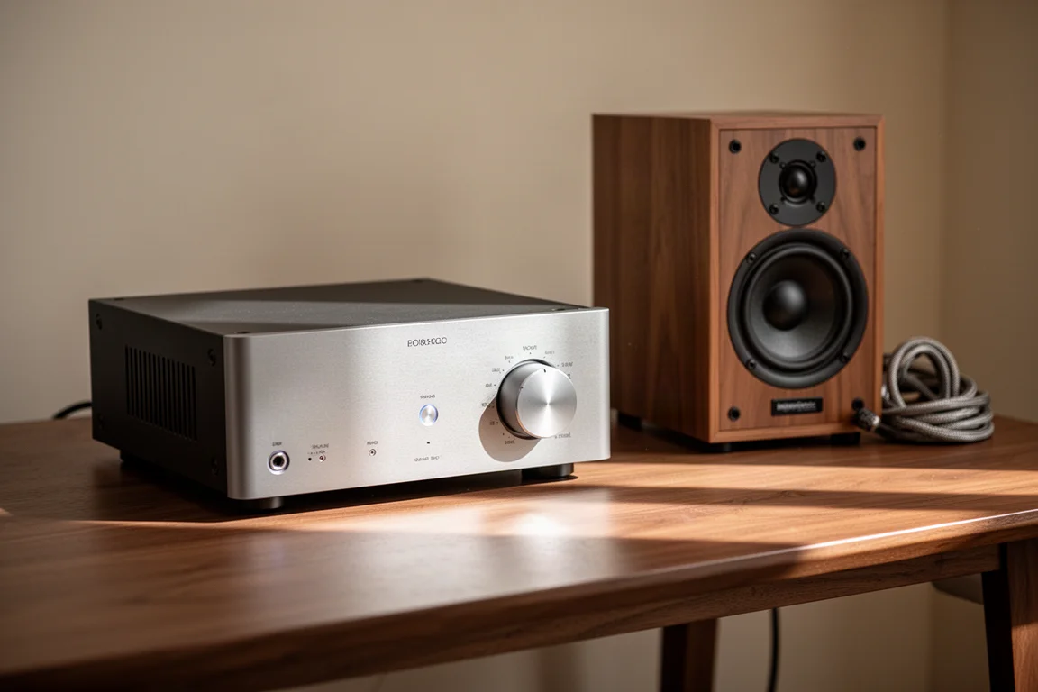 Compact amplifier on a wooden desk beside a small bookshelf speaker with coiled cable
