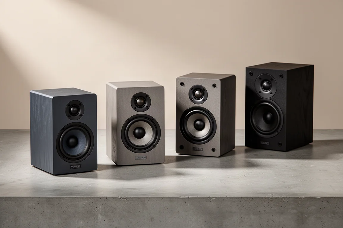 Four compact passive bookshelf speakers lined up on a concrete surface in soft studio light