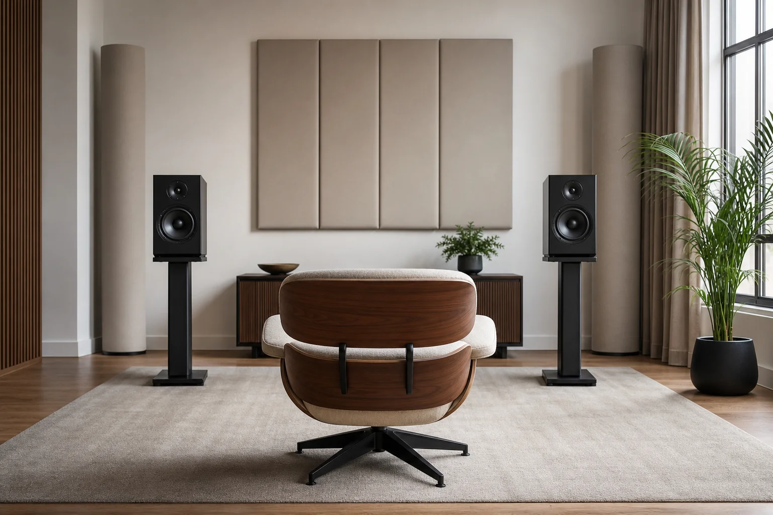 Hörraum-Setup mit Regallautsprechern auf Ständern neben einem Hörsessel